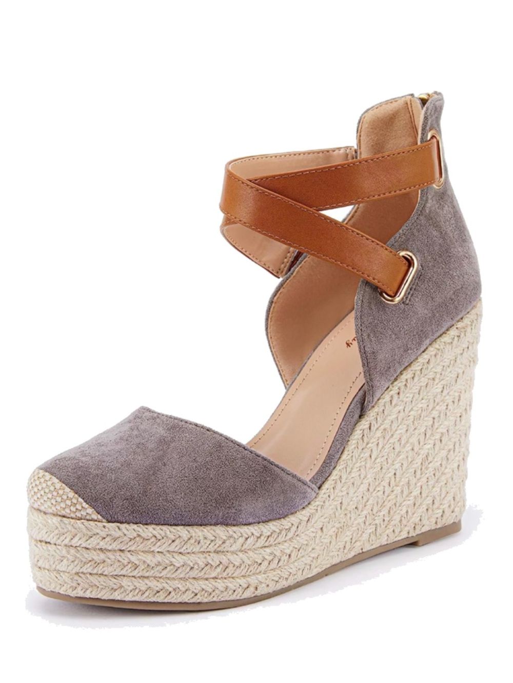 Cap Toe Suede Espadrille Wedges in Light Gray w/Tan Ankle Strap Size 5